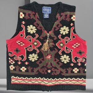 Eagles Eye Vintage Zip-up Sweater Vest Black Red Multi Leather Tassel Medium